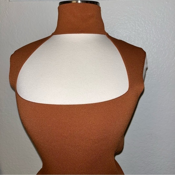 NEW ZARA Burnt Dark Orange Cut Out Choker Turtleneck Top Stretch Blouse - Picture 8 of 13